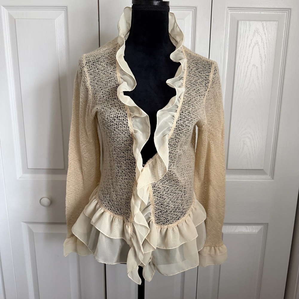 Susan Lucci  Sweater Womens L Cream Ruffle Trim Open Knit Wool Blend Coquette